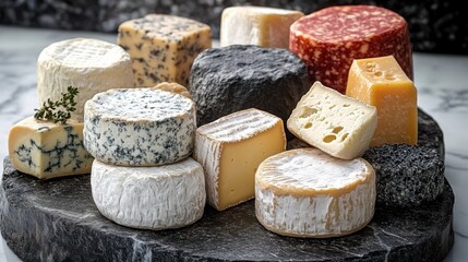 Variety of artisanal cheeses in different textures and colors- creating a rich- gourmet food background for culinary and dairy product themes.
