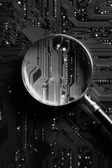 Modern Magnifying Glass Over Abstract Circuit Board Design in Minimalist Style