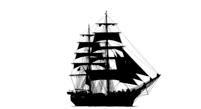 Silhouette of a sailing ship with sails isolated PNG with Transparent Background