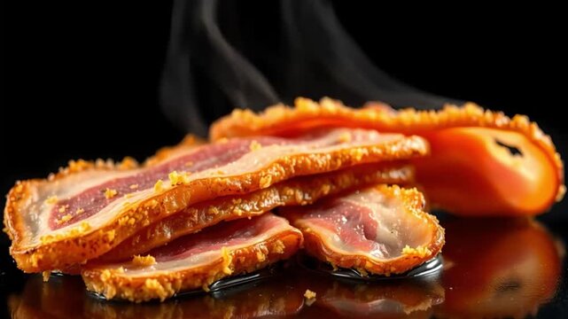 A stack of sizzling bacon strips captures the essence of indulgent comfort food. The smoky layers and crispy edges make it irresistible and mouthwatering.
