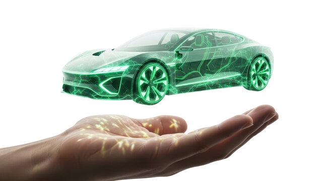 Hand holding a digital futuristic car simulation isolated PNG with Transparent Background