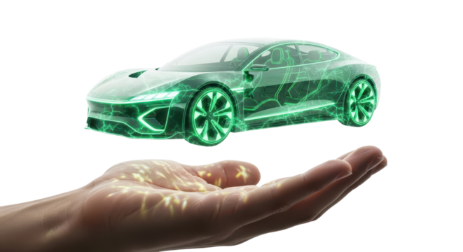 Hand holding a digital futuristic car simulation isolated PNG with Transparent Background