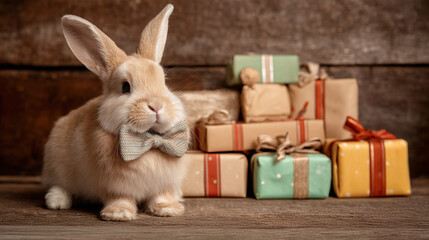 An adorable bunny wearing a festive bow tie, sitting next to a pile of wrapped gifts. The bunny's inquisitive expression adds a charming touch to this holiday scene.
