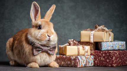 An adorable bunny wearing a festive bow tie, sitting next to a pile of wrapped gifts. The bunny's inquisitive expression adds a charming touch to this holiday scene.

