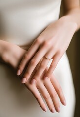 Close-Up of Elegant Female Hands Showcasing Delicate Ring Against Soft Background