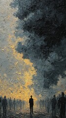 Dark Philosophical Impasto Oil Painting Style Featuring Figures in a Mystic Atmosphere