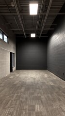 Spacious Interior View of a Minimalist Room Featuring Dark Walls and Modern Lighting Fixtures
