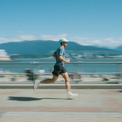 Dynamic Male Runner in Urban Environment with Water View and Blue Sky