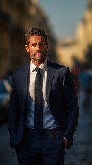 Stylish and Sophisticated Portrait of a Confident Man in a Tailored Suit on a City Street