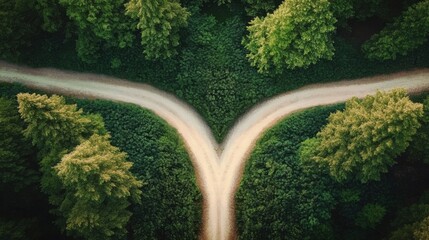 Aerial view of a fork in a forest pathway with two diverging roads- surrounded by dense- vibrant green trees- symbolizing choice and decision-making.
