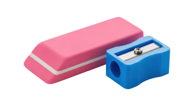 Pink eraser and blue sharpener isolated PNG with Transparent Background
