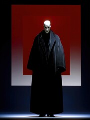 Mysterious Man in Vintage Mask and Dark Coat Posing Dramatically Against a Minimalist Background
