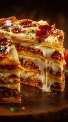 Epic Close-Up of Layered Stuffed Pizza with Melting Cheese and Toppings