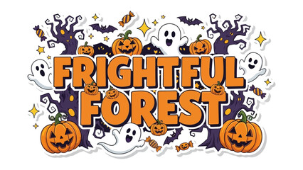 Frightful Forest: Spooky Halloween illustration with pumpkins, ghosts, and bats. Conjuring the playful spookiness of the season.
