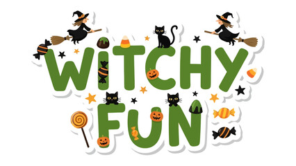 Witchy Fun Halloween Graphic: Embrace the spooky spirit of Halloween with this playful illustration featuring witches, black cats, and festive treats, all set against a background.