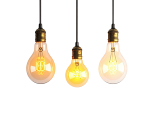 Three incandescent light bulbs hanging from wires