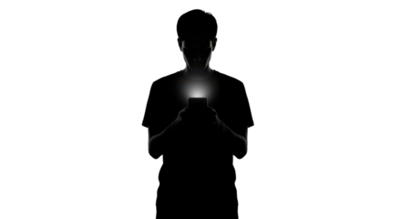 Silhouette of person holding and using smartphone with glowing screen isolated PNG with Transparent Background