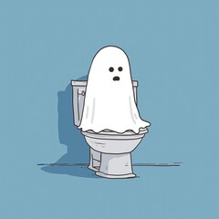 Retro Cartoon Ghost Sitting on Toilet in Whimsical Art Style Perfect for Fun Illustrations and Creative Projects