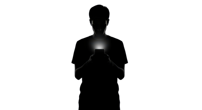 Silhouette of person holding and using smartphone with glowing screen isolated PNG with Transparent Background