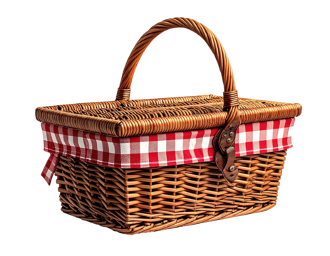Rustic wicker picnic basket with a red and white checkered cloth lining
