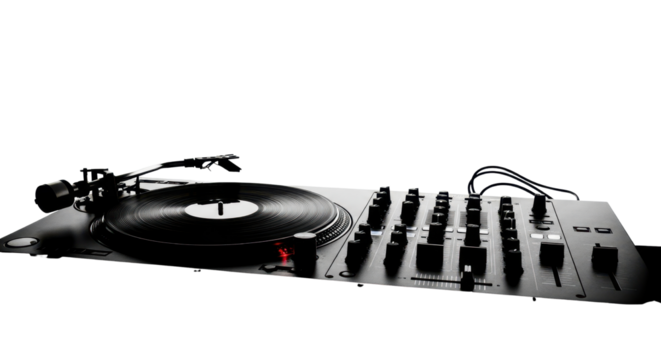 Professional DJ turntable setup for music production isolated PNG with Transparent Background