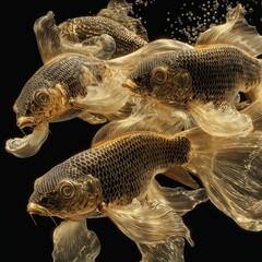 Elegant Black Metallic Koi Fish Swimming in Water with Reflections and Details in a Tranquil School Environment