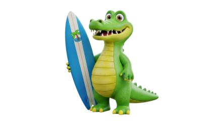 Cartoon crocodile holding surfboard isolated PNG with Transparent Background