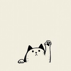 Minimalist Illustration of a Chubby Cat Raising Its Paw in a Simple Style