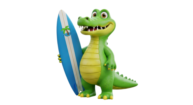 Cartoon crocodile holding surfboard isolated PNG with Transparent Background