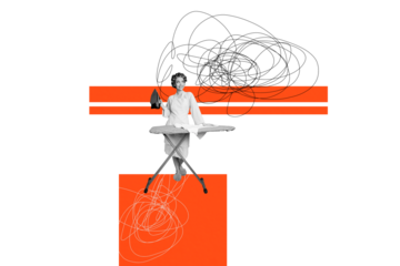 Composite photo collage of happy housemaid girl do iron clothes clean fresh chores duty laundry day isolated on painted background