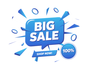 Big sale with 100 discount and shop now button isolated on transparent background