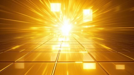 Abstract burst of bright golden light extending from a reflective tile floor- creating a radiant and futuristic atmosphere.
