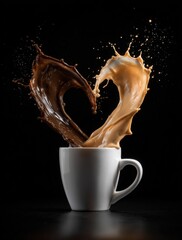 Dynamic Capture of Milk and Coffee Splashes Forming Heart Shape in a White Cup Against Black Background