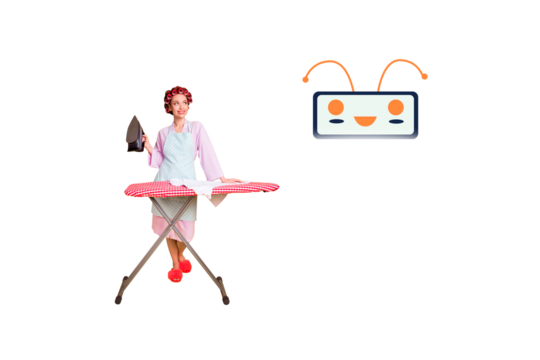 Composite photo collage of happy girl housewife hold iron board modern gpt chat intellect helper bot robot isolated on painted background