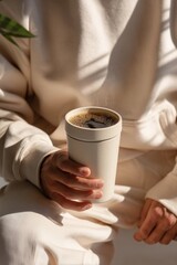 Stylish Minimalist Coffee Tumbler in Model's Hand During Photoshoot in Natural Light