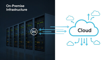 Onpremise infrastructure connecting to cloud, illustrating hybrid it environment and data flow between local servers and cloud services