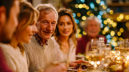 Cheerful extended family enjoying a festive Christmas dinner together with holiday decorations and warm atmosphere
