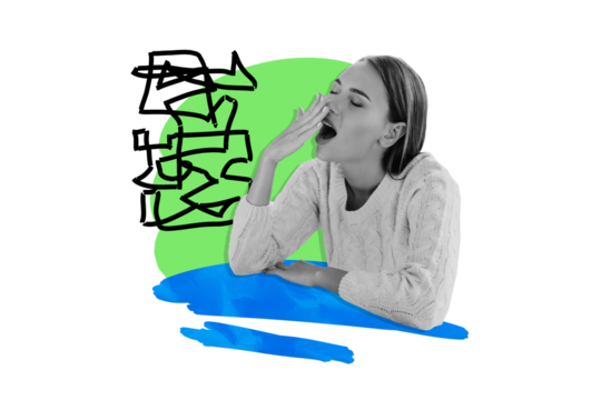 Composite trend artwork sketch image collage of young lady monochrome hand gesture yawn bored tired insomnia sleepless slumber drowse