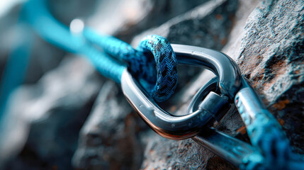 Close-up of a carabiner attached to a rope on rocky surface, symbolizing safety, adventure, and mountain climbing