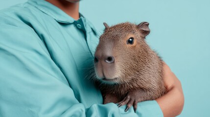Doctor holds a capybara in arms against a light blue background, showcasing a unique bond with the animal