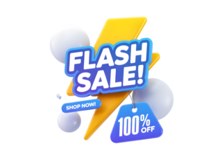 Flash sale announcement with 100 percent off tag and shop now button, isolated on transparent background