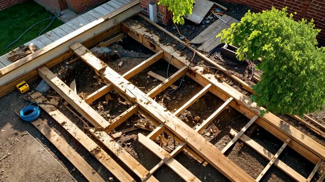 Wooden Deck Under Construction Showing Foundation Framework and Tools in Backyard