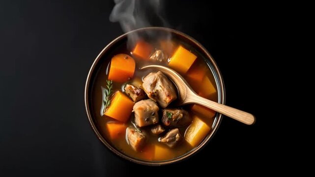 A steaming bowl of hearty meat and vegetable soup highlights rich broth and tender ingredients. The vibrant mix of orange squash and herbs enhances its comforting appeal.