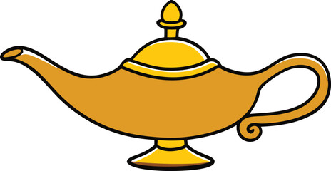 Golden genie lamp vintage arabian magic wish illusion fantasy vector illustration scalable transparent background
