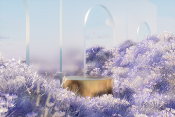 Abstract winter landscape scene with a podium for product display. 3d rendering