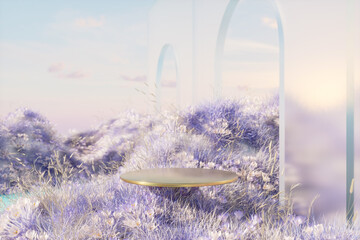 Abstract winter landscape scene with a podium for product display. 3d rendering