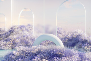 Abstract winter landscape scene with a podium for product display. 3d rendering