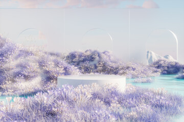 Abstract winter landscape scene with a podium for product display. 3d rendering