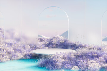 Abstract winter landscape scene with a podium for product display. 3d rendering