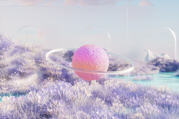 Abstract winter landscape scene with Saturn. 3d rendering